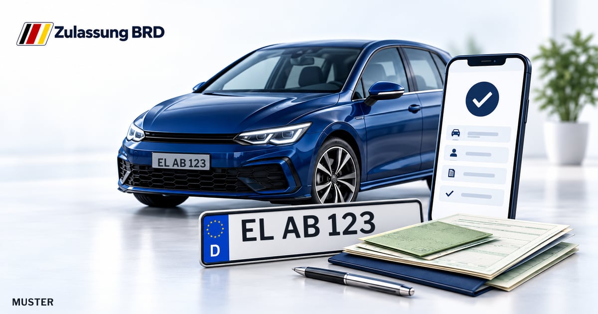 Online Fahrzeugzulassung in Papenburg: Musterkennzeichen EL AB 123, Auto und Fahrzeugpapiere und Smartphone. Illustration mit Logo von Zulassung BRD.